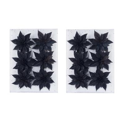 Cosy & Trendy Decoratie bloemen - 12x - glitter zwart - op ijzerdraad - 8 cm - kerstdecoratie
