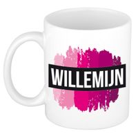 Naam cadeau mok / beker Willemijn met roze verfstrepen 300 ml - thumbnail