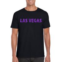 Las Vegas thema print t-shirt - zwart - met paarse glitter letters - heren - USA