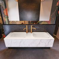 Badkamermeubelset Mondiaz Erin 150 cm met 1 Lade met RIDGE Wastafel Dubbel Linen met 2 kraangaten Greeploos Mat Carrara