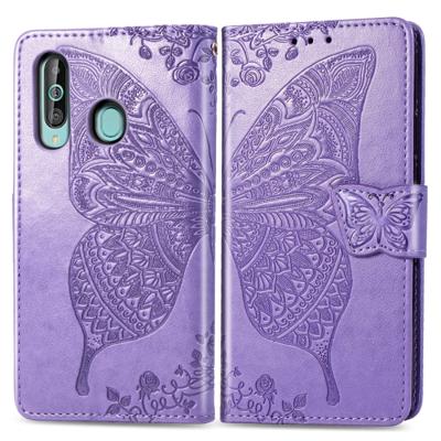 Butterfly Love bloemen reliëf horizontale Flip lederen case voor Galaxy A60 met houder & kaartsleuven & portemonnee & Lanyard (licht paars)