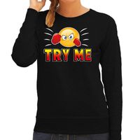 Funny emoticon sweater Try me zwart dames