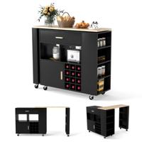 Keukentrolley & Bartafel met Verstelbare Plank & Lade & Kruidenrek & Wijnrek Zwart