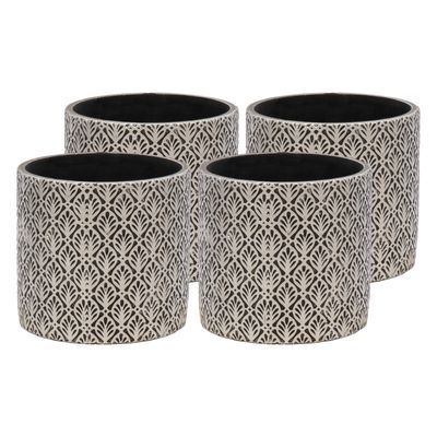 Plantenpot/bloempot - 4x - keramiek - antraciet/zilver - Oosters motief - D11 x H10 cm Plantenpot/bloempot - 4x - keramiek - antraciet/zilver - Oosters motief - D11 x H10 cm
