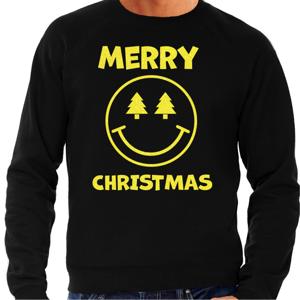 Foute Kersttrui/sweater voor heren - Merry Christmas - Smile Emoticon - zwart - glitter geel