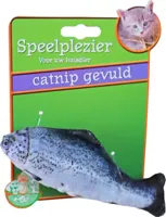 Kattenspeelgoed op kaart vis met catnip blauw/grijs, 11 cm.