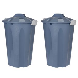 2x stuks kunststof wasmanden met deksel rond blauw 40 liter