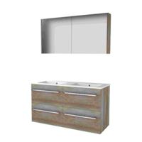 Basic-Line Comfort 46 Badkamermeubelset - 120 x 46 cm - Met Grepen - 4 Lades - Keramische Wastafel - 2 Kraangaten - Spiegelkast - Scotch Oak