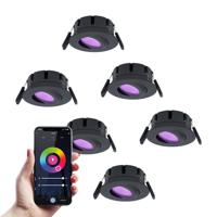Set van 6 Napels smart inbouwspots - IP65 Waterdicht - 8 Watt 600 Lumen - Kantelbaar - Wifi + Bluetooth - RGBWW - Google Home, Amazon Alexa en Siri - Zwart - Voor binnen en buiten