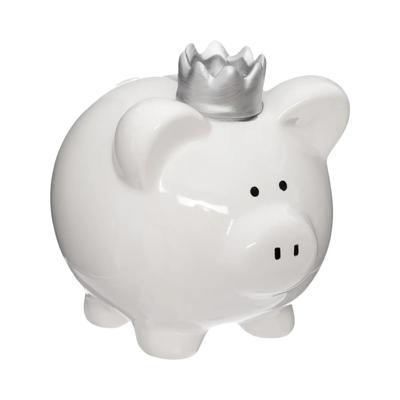 Spaarpot voor kinderen - spaarvarken met kroontje - keramiek - wit - 16 x 14 cm