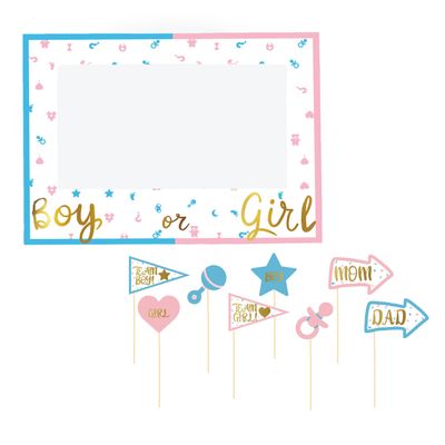 Gender reveal foto prop set met frame - 9-delig - jongen/meisje babyshower feest - photo booth