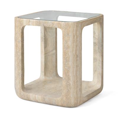 Jesper Home Bijzettafel 'Yobeko' Travertinlook en glas, 48 x 48cm