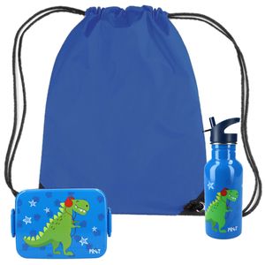 Pret Dino lunchbox set voor kinderen - 3-delig - blauw - kunststof/rvs - incl. gymtas/schooltas