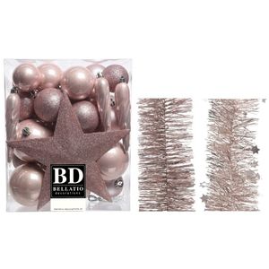 Kerstversiering kerstballen 5-6-8 cm met ster piek en folieslingers pakket lichtroze van 35x stuks