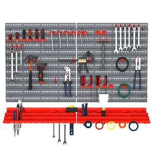 DURHAND geperforeerde gereedschapswand plank 54-delige gereedschapshouder gereedschapswand voor werkplaats open voorkant opbergdozen haakenset PP grijs + rood 95,5 x 23 x 53,5 cm