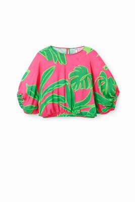 Tropische korte blouse met pofmouwen - RED - L