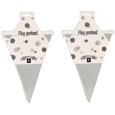 Party Vlaggenlijn - 2x - binnen - papier - zilver - 6 m - 25 vlaggetjes