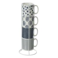 Koffiemokken Japan - 4x stuks in metalen rekje - Keramiek - glans afwerking - 240 ml - 7 x 8 cm