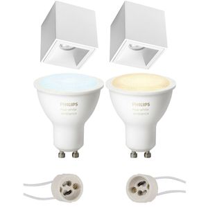 Pragmi Cliron Pro - Opbouw Vierkant - Mat Wit - Verdiept - 90mm - Philips Hue - Opbouwspot Set GU10 - White Ambiance - Bluetooth