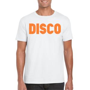 Bellatio Decorations Verkleed T-shirt heren - disco - wit - oranje glitter - jaren 70/80 - carnaval 2XL  -