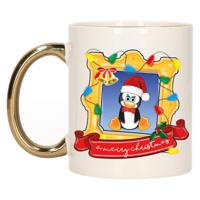 Kerst cadeau koffiemok - kerst pinguin - goud - 300 ml - keramiek - thumbnail