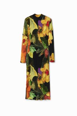 Slim fit midi-jurk met bloemen - BLACK - L
