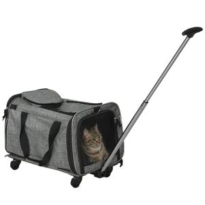 PawHut 3-in-1 trolley voor huisdieren, draagtas voor huisdieren, autostoel voor huisdieren, telescopisch handvat, 2 zakken, grijs+zwart