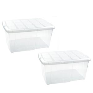 Plasticforte opslagbak organizers met deksel - 5x - transparant/wit - 60 liter - kunststof