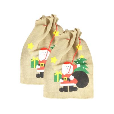 Kerst cadeauzak - 2x stuks - kerstman print - 60 x 90 cm - jute - met trekkoord - kerstcadeaus zak