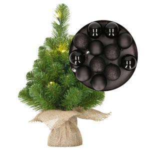 Mini kunst kerstboom - H45 cm - met verlichting en kerstballen - zwart - kunstboom