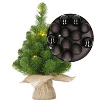 Mini kunst kerstboom - H45 cm - met verlichting en kerstballen - zwart - kunstboom