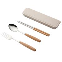 3 in 1 lepel eetstokjes vork bestek set driedelig creatief werkstudenten draagbaar servies (driedelige set houten handvat lepel vork stokjes)