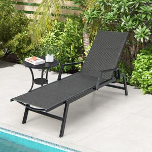 Buiten Rotan Chaise Longue Geweven PE Rieten Ligstoel met Armleuningen en 5-Positie Rugleuning Patio Ligstoel voor Veranda Terras