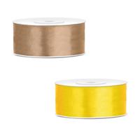 Bellatio decorations 2x rollen satijn cadeaulint/sierlint - 2.5 cm x 25 meter - geel en goud