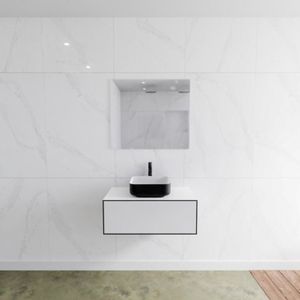 Badkamermeubelset Mondiaz LAGOM 80 cm Topblad met Gecentreerde Wastafel Solid Surface Opzetkom Binx met 1 Kraangat Mat Zwart (1 lade)