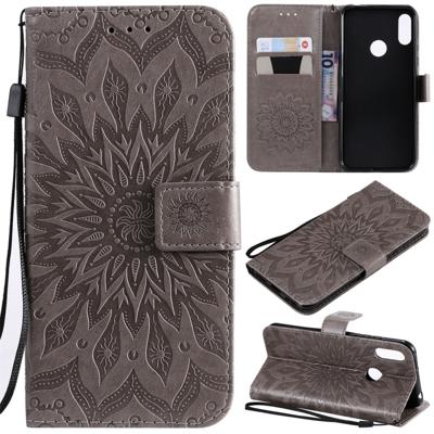 Zon reliëf patroon horizontale Flip lederen case voor Huawei Honor spelen 8A/Y6 (2019) met kaartsleuf & houder & portemonnee & Lanyard (grijs)