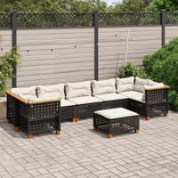 8-delige Loungeset met kussens poly rattan zwart
