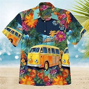 Voor heren Overhemd Hawaiiaans overhemd Bloemig Grafische prints Hippie Bus Strijkijzer Geel Marineblauw blauw Licht Blauw Buiten Straat Korte Mouw Afdrukken Kleding Modieus Streetwear Ontwerper Lightinthebox