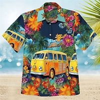 Voor heren Overhemd Hawaiiaans overhemd Bloemig Grafische prints Hippie Bus Strijkijzer Geel Marineblauw blauw Licht Blauw Buiten Straat Korte Mouw Afdrukken Kleding Modieus Streetwear Ontwerper Lightinthebox