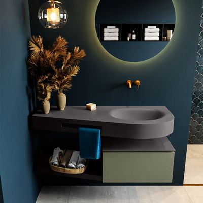 MONDIAZ RIVA 120cm badmeubel onderkast / planchet kleur Army met 1 lade. Wastafel DULCET rechts 0 kraangaten kleur Dark_Grey. MONDIAZ RIVA 120cm badmeubel onderkast / planchet kleur Army met 1 lade. Wastafel DULCET rechts 0 kraangaten kleur Dark_Grey.