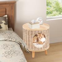 Kattenhuis Rattan Kattenbed met Houten Poten & Afneembare Kussen voor Katten tot 30 kg Binnen Kattenmeubels 36 x 36 x 41 cm Natuur
