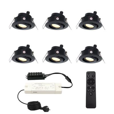 Set met 6 Sienna 12V inbouwspots - 3 Watt 200 lumen - 2700K warm wit - Zwart - IP44 waterdicht - kantelbaar - verandaspots - met afstandsbediening