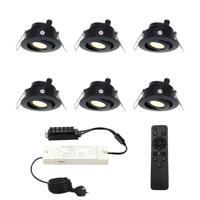 Set met 6 Sienna 12V inbouwspots - 3 Watt 200 lumen - 2700K warm wit - Zwart - IP44 waterdicht - kantelbaar - verandaspots - met afstandsbediening