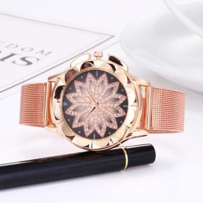 Smeets Vrouwenmode bloem met strass mesh riem legering armband quartz horloge (Rose goud)