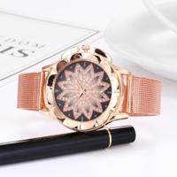 Smeets Vrouwenmode bloem met strass mesh riem legering armband quartz horloge (Rose goud)