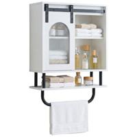 Wandkast voor de Badkamer Houten Hangkast met Open Plank Schuifdeur en Handdoekhouder