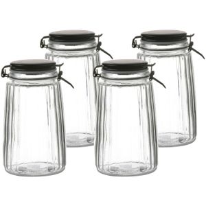 Voorraadpot/bewaarpot - 4x - 1,8L - glas - met beugelsluiting - mat zwarte deksel