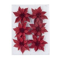 6x stuks decoratie bloemen rozen rood glitter op ijzerdraad 8 cm   -
