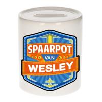 Kinder spaarpot met naam - Wesley - keramiek - met dop - wit - Sparen - Spaargeld van Wesley