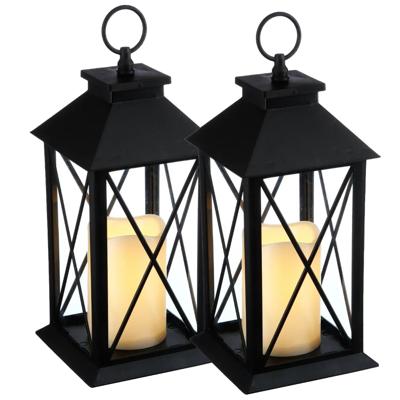 Tuin lantaarn - 2x - zwart - kunststof/glas - 14 x 14 x 28 cm - buiten